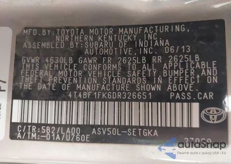 2013 Toyota Camry Xle from USA, damaged, VIN 4T4BF1FK6DR326651